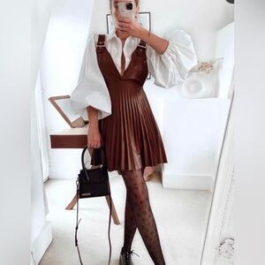 Zara Brown Pleated Faux Leather Pinafore Mini Dress